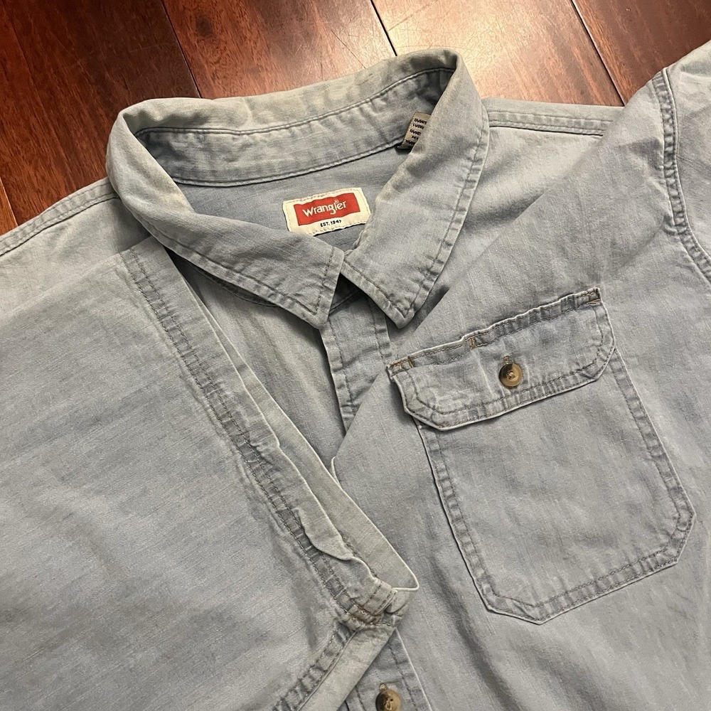 Wrangler Shirt Men 3XL Blue‎ Chambray Button Up Short Sleeve Cowboy Stretch *